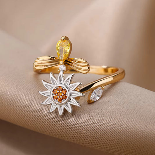 Adjustable Floral Rotatable Gold Plated Ring