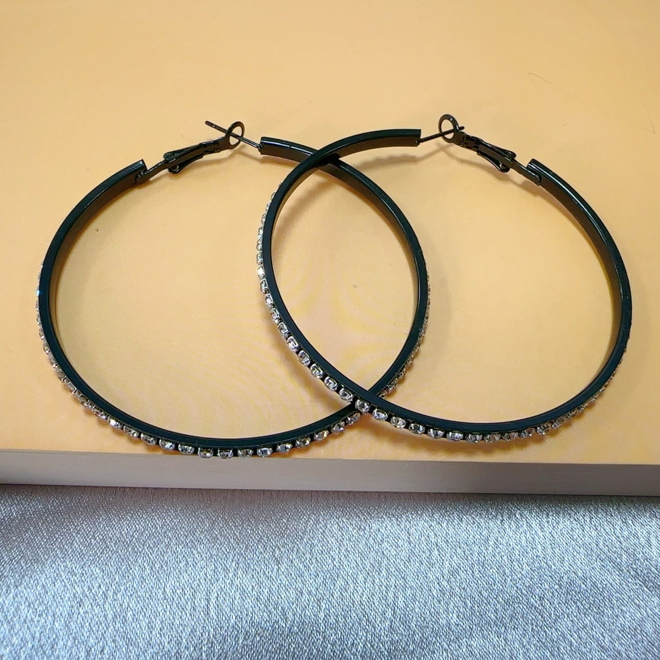 Silver Hoop Earrings with Diamond Inlay
