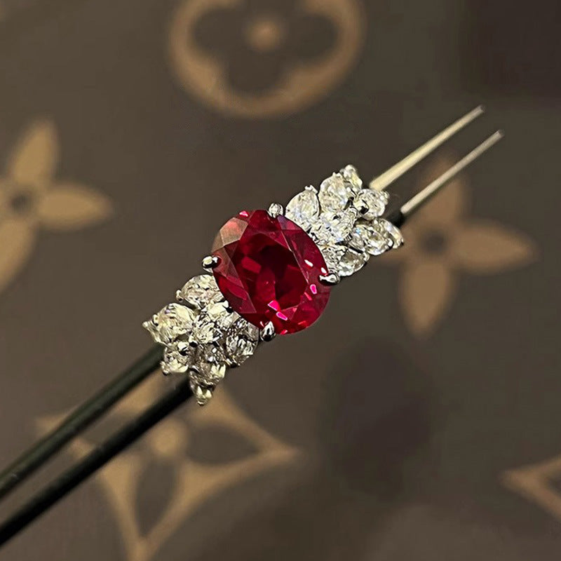 Oval Red Corundum Diamond Ring