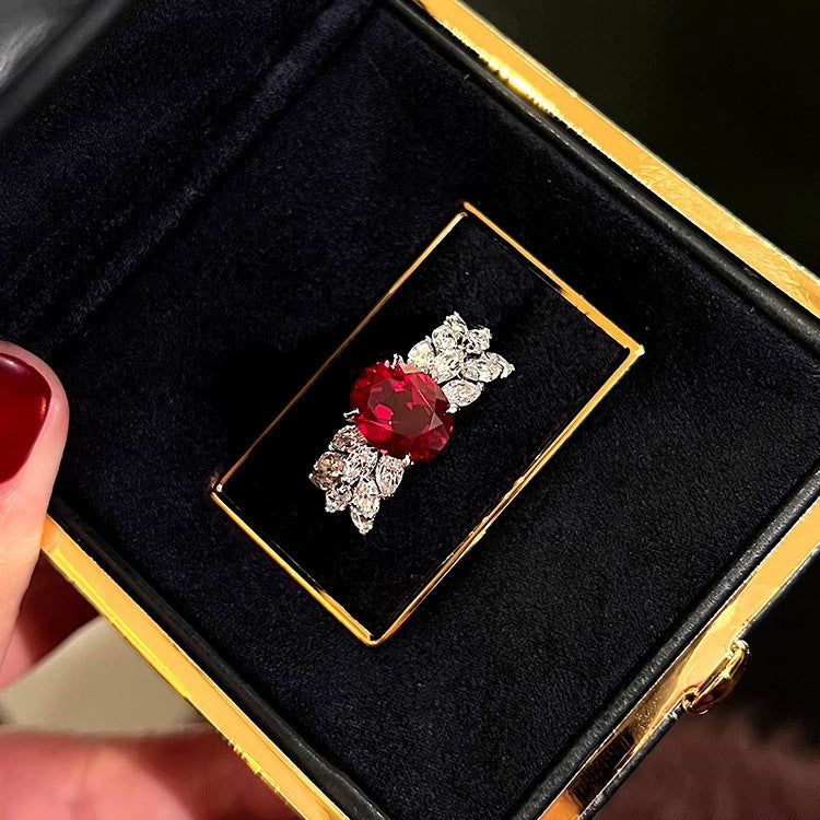 Oval Red Corundum Diamond Ring