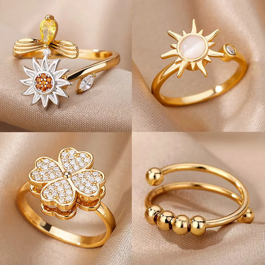Adjustable Floral Rotatable Gold Plated Ring