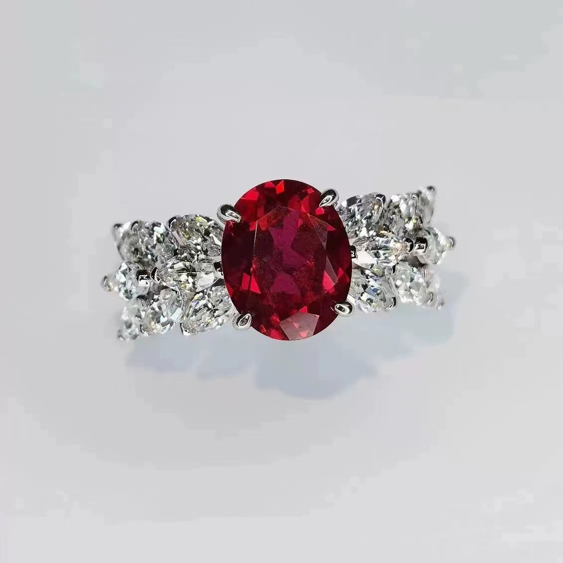 Oval Red Corundum Diamond Ring