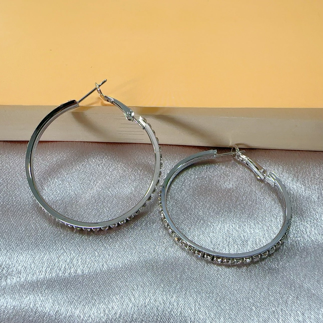 Silver Hoop Earrings with Diamond Inlay