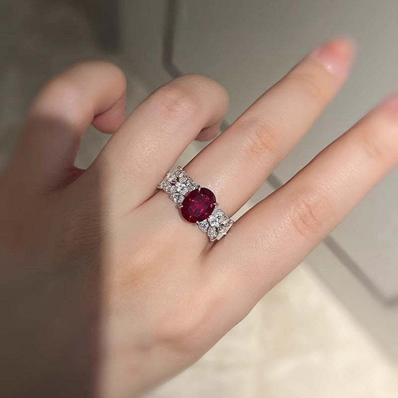 Oval Red Corundum Diamond Ring