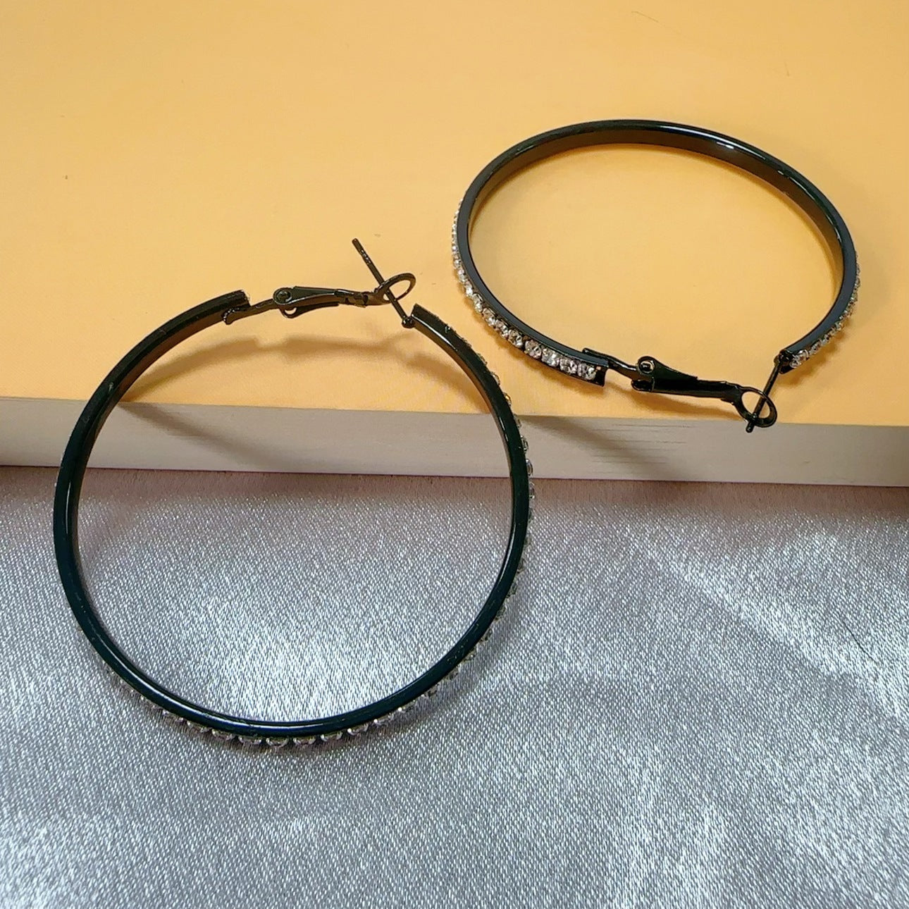 Silver Hoop Earrings with Diamond Inlay