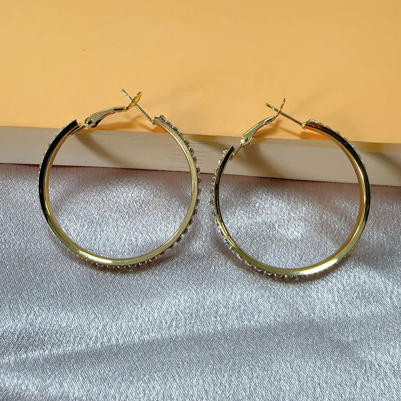 Silver Hoop Earrings with Diamond Inlay