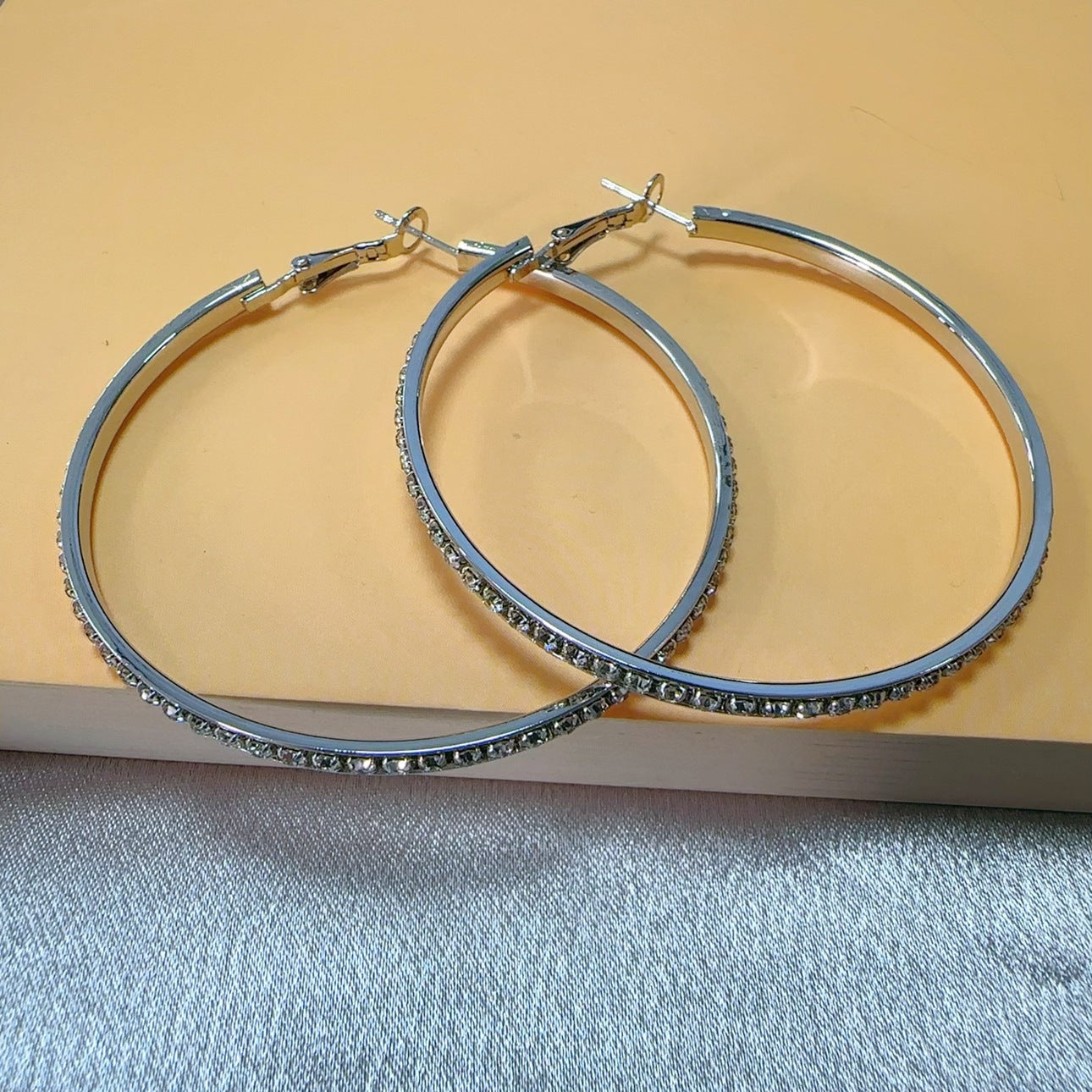 Silver Hoop Earrings with Diamond Inlay
