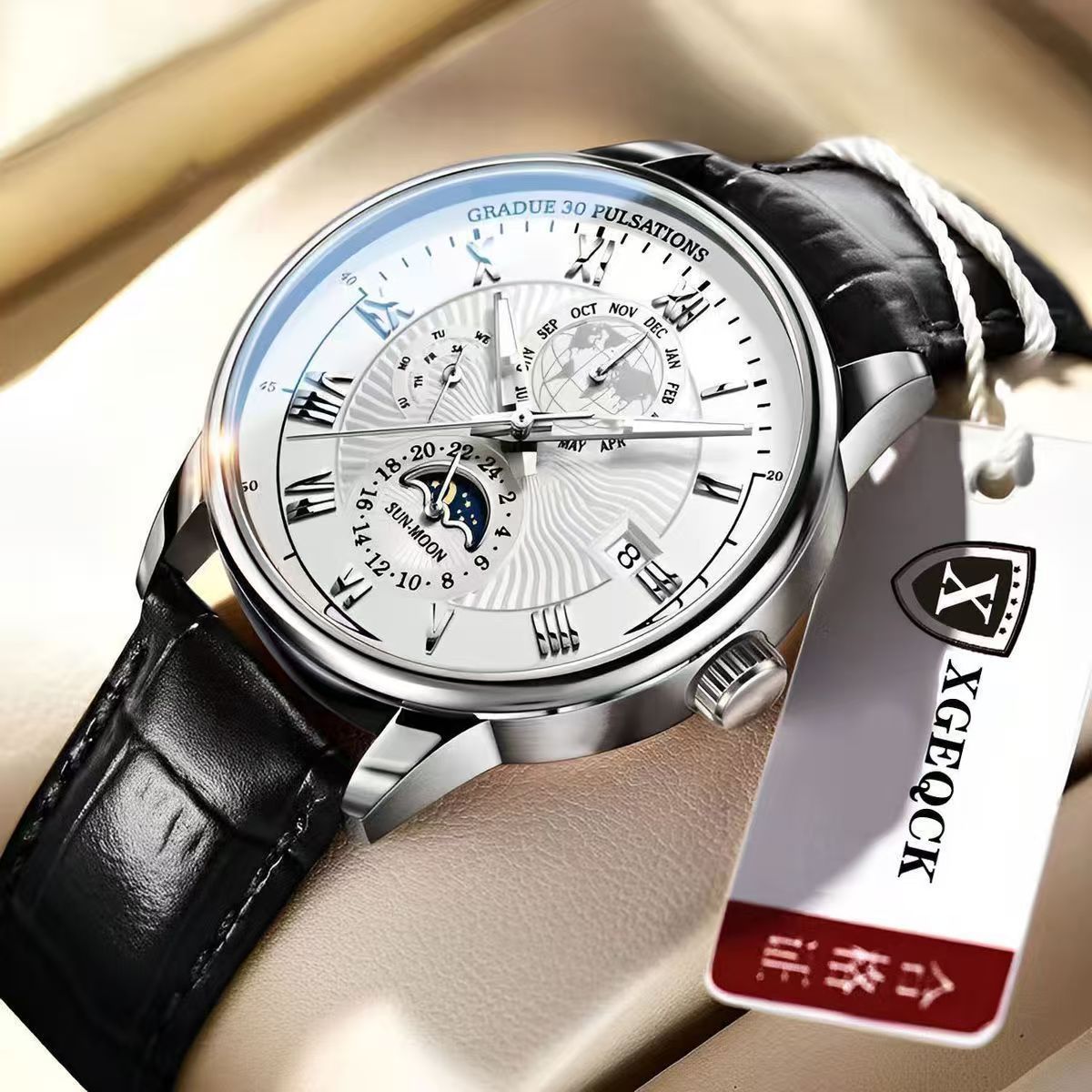 Mens Quartz Watch Moon Phase Waterproof Luminous Calendar